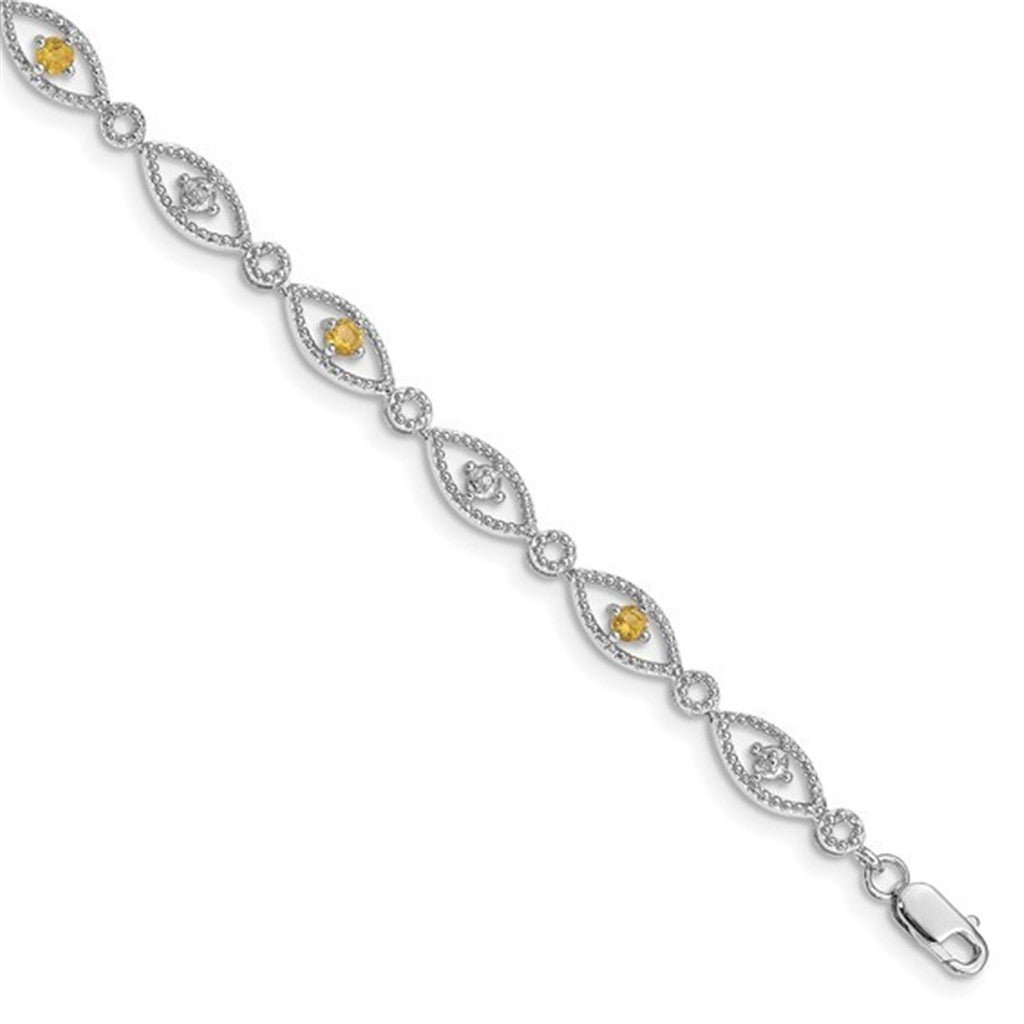 Clasp Style Gemstone Bracelet Sterling Silver White With Citrine 7" Long