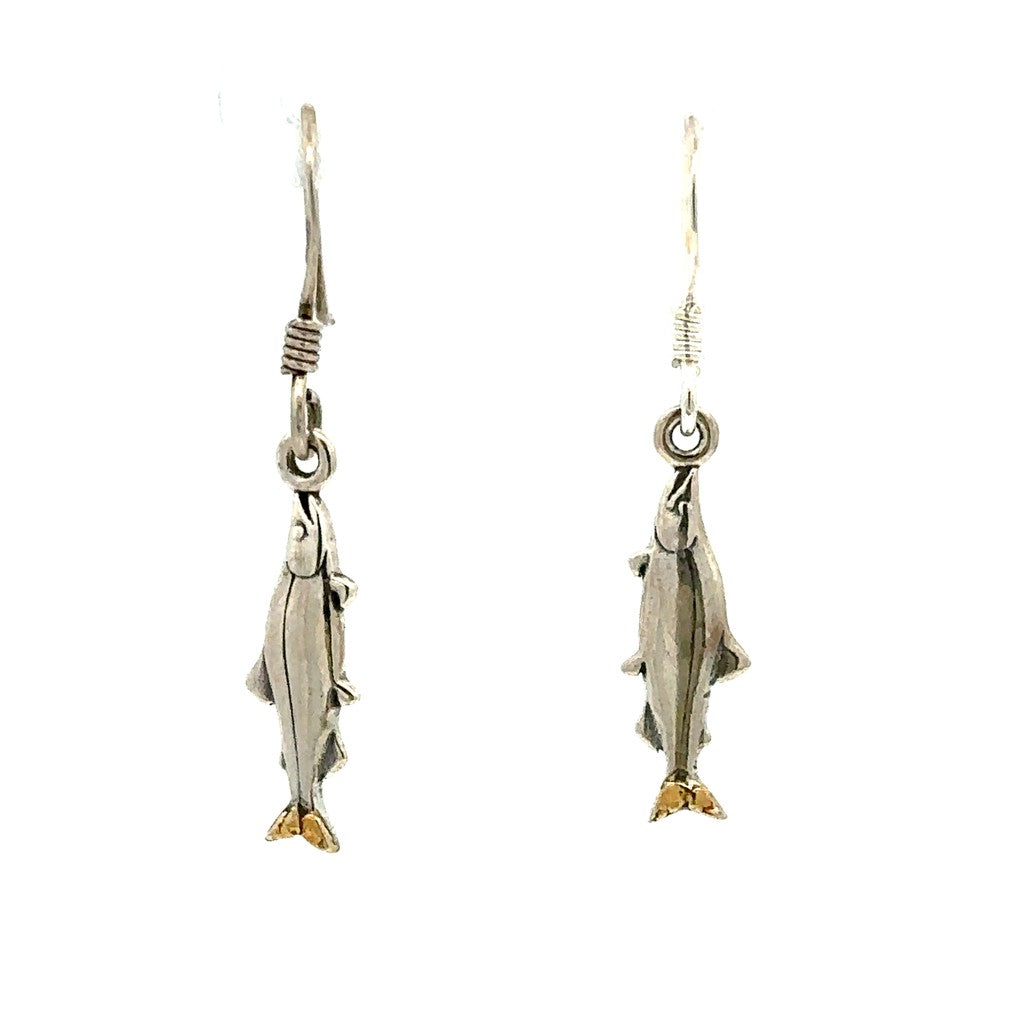 Salmon Dangle Drop Sterling Silver Earrings Accented with Alaskan Gold Nuggets