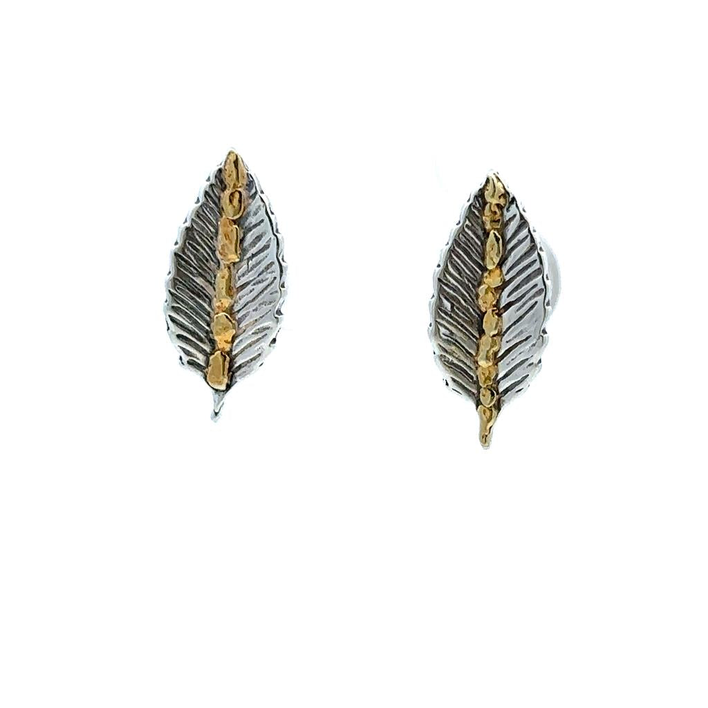 Leaf Stud Sterling Silver Earrings Accented with Alaskan Gold Nuggets