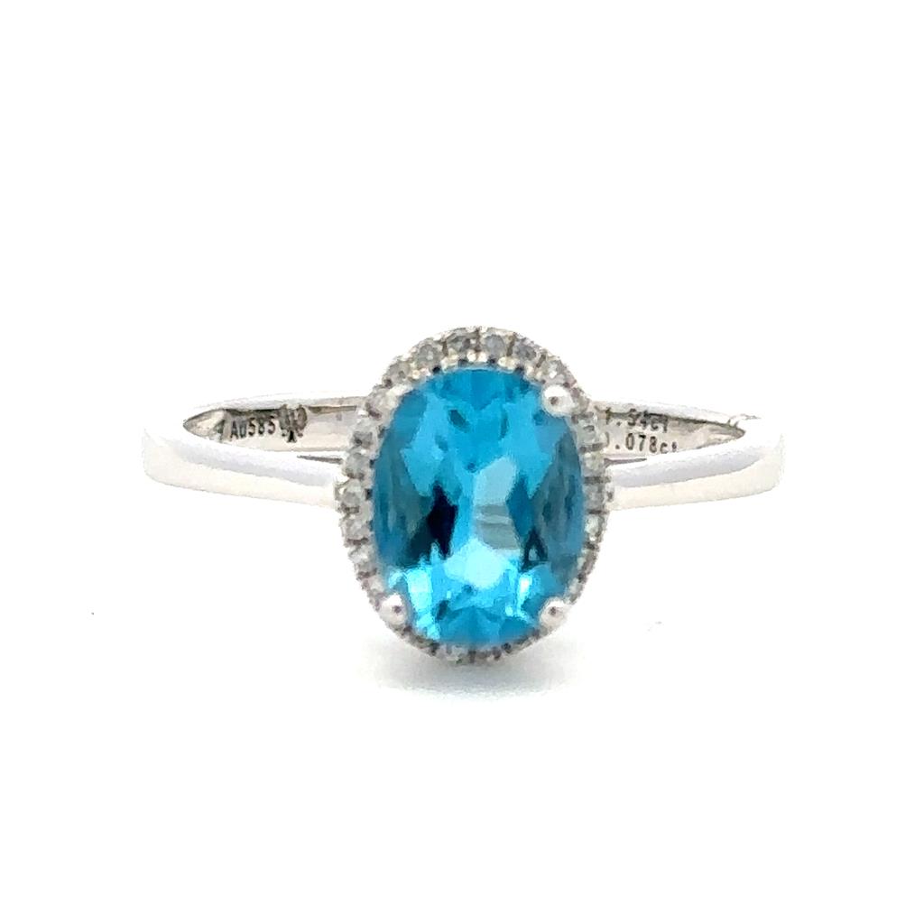 Halo Style Colored Stone Ring 14 KT White with Topaz & Diamonds Accent size 7