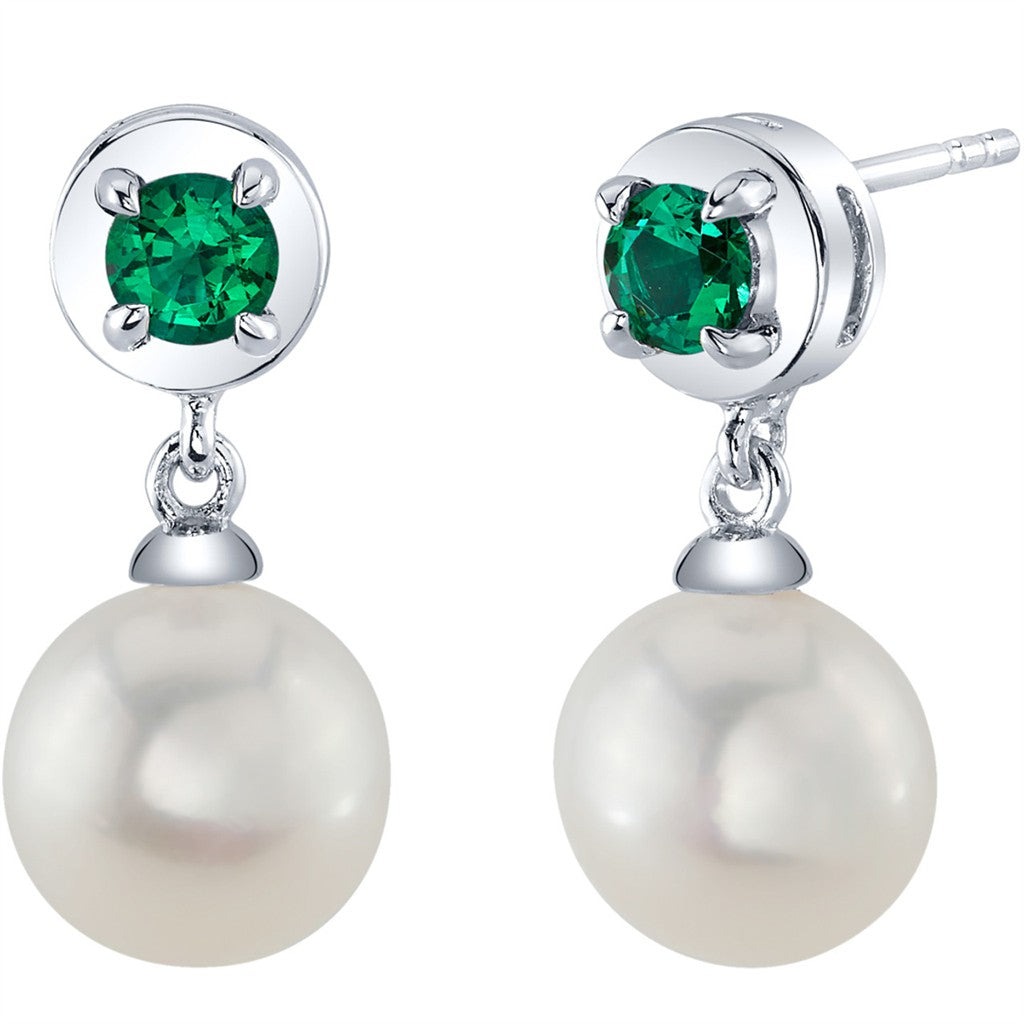 Sterling Silver White May Single Pearl Studs Earrings Round Fresh Water Pearls Round Emeralds