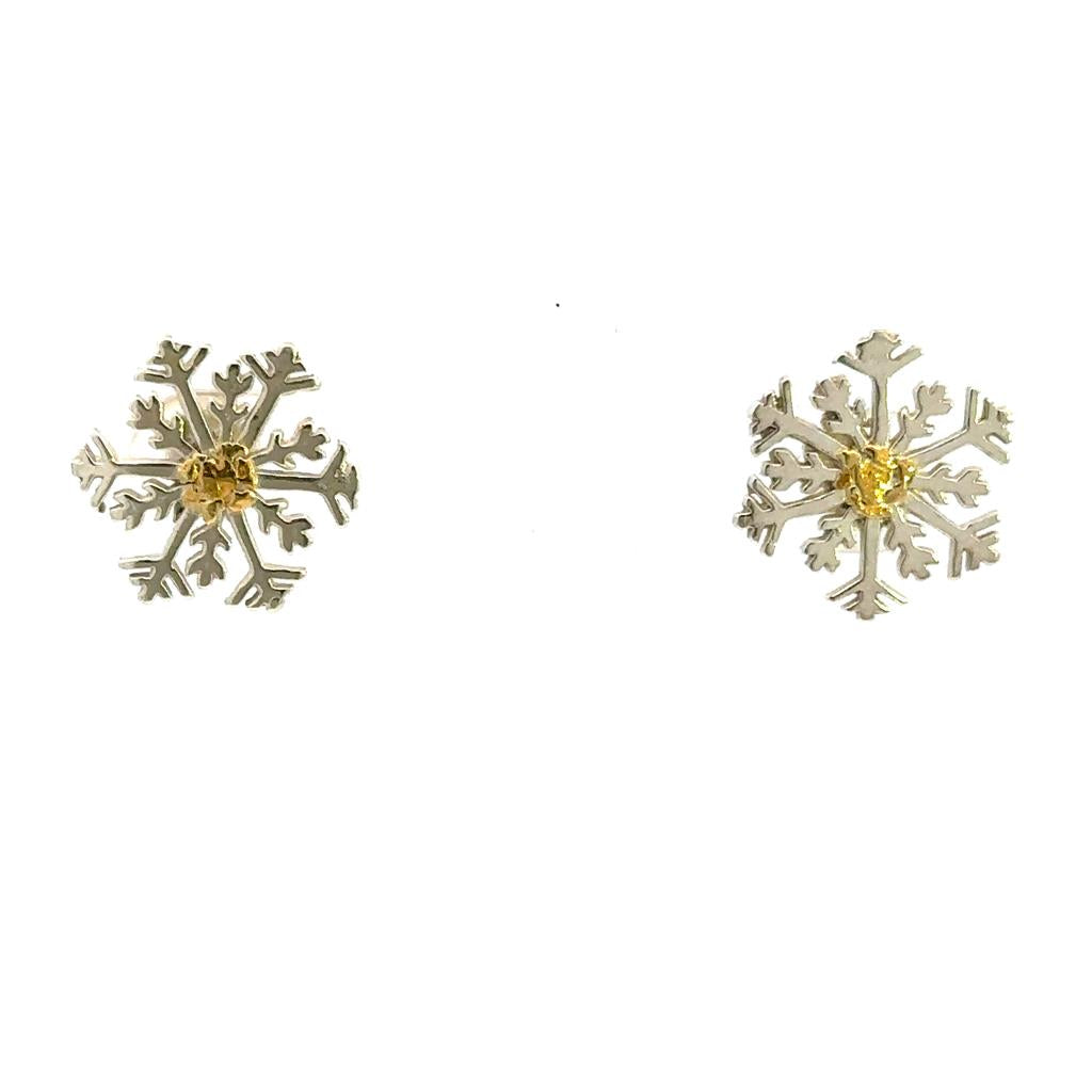 Snowflakes Stud Sterling Silver Earrings Accented with Alaskan Gold Nuggets