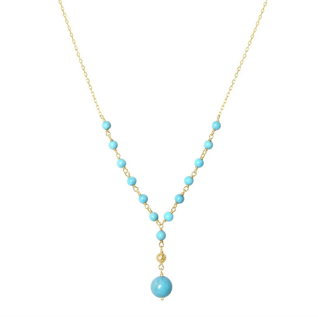 Y Style Colored Stone Necklace 14 KT Yellow With Turquoises 17" Long