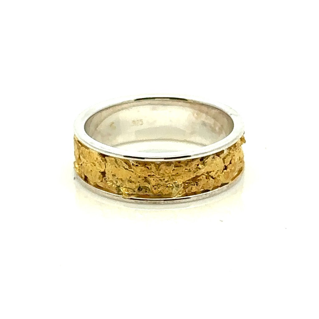 6mm Wide Straight Channel Style Womans Wedding Bands With Gold Nugget Continuum Silver & Alaskan Gold Nugget Two Tone size 6.5