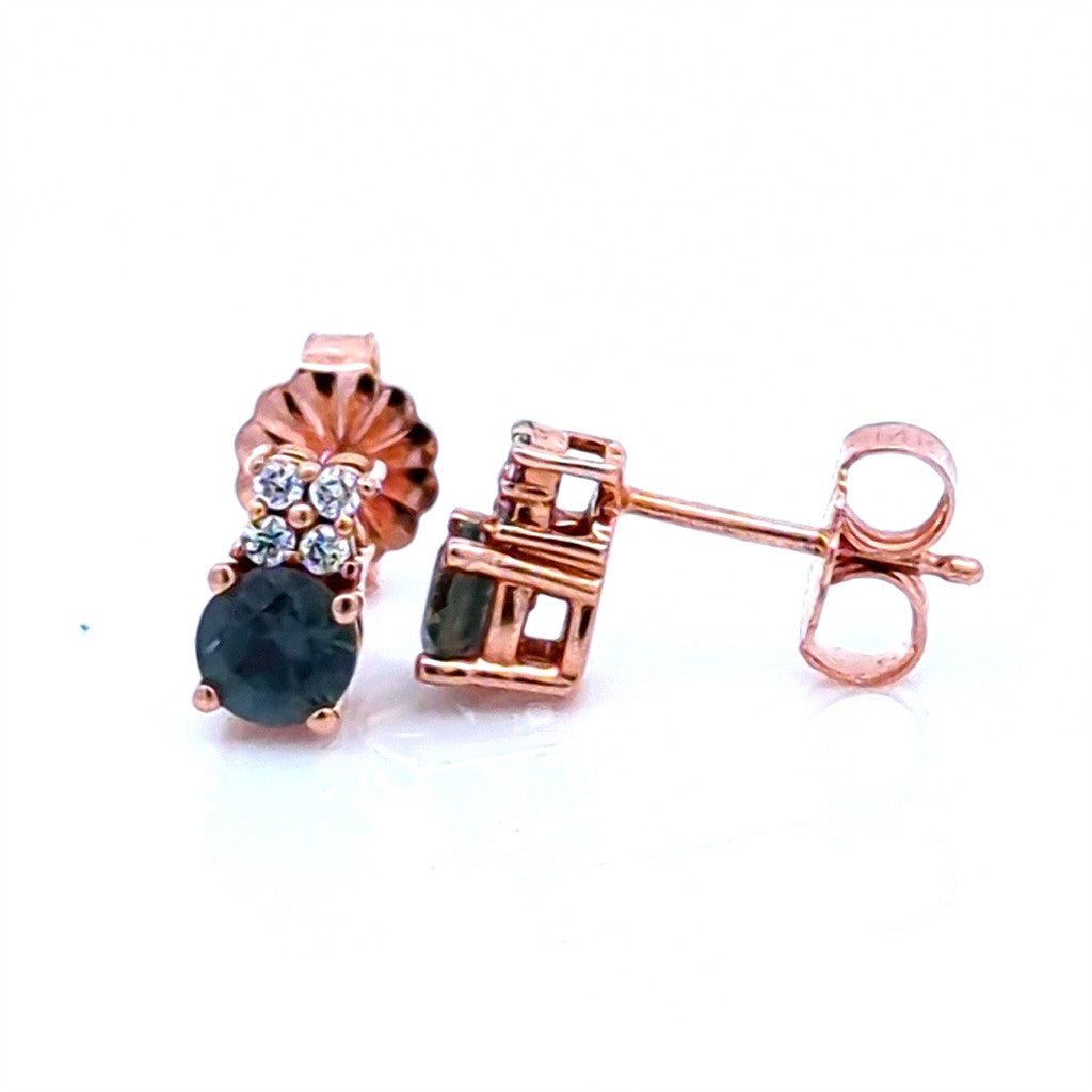 14 Karat Gold Rose Stud Earrings 0.53ctw Round Alexandrites 0.07 ctw Round Diamonds