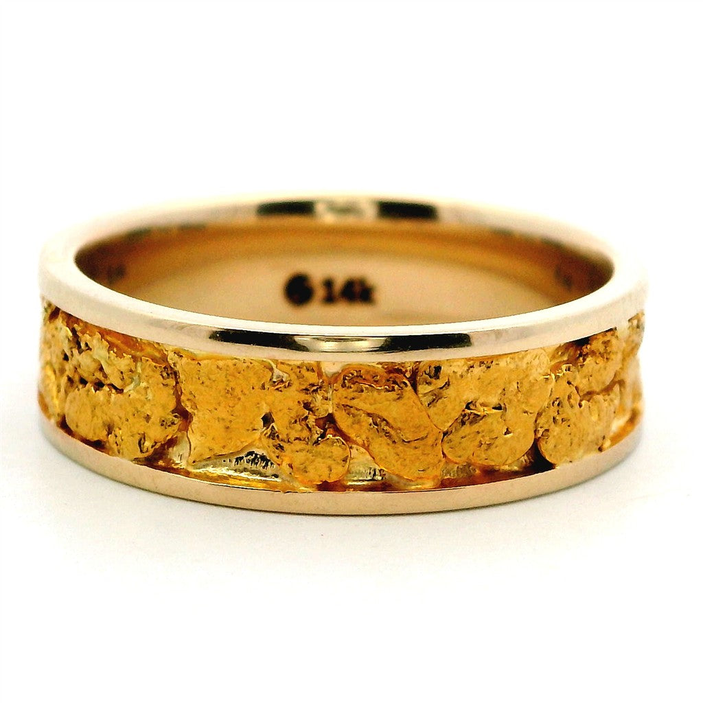 6mm Wide Straight Inlay Style Mens Gold Nugget Wedding Band 14 Karat Gold & Alaskan Gold Nugget Yellow size 10