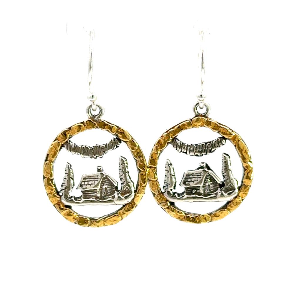 Cabin Scene Wire Drop Sterling Silver Earrings Accented with Alaskan Gold Nuggets