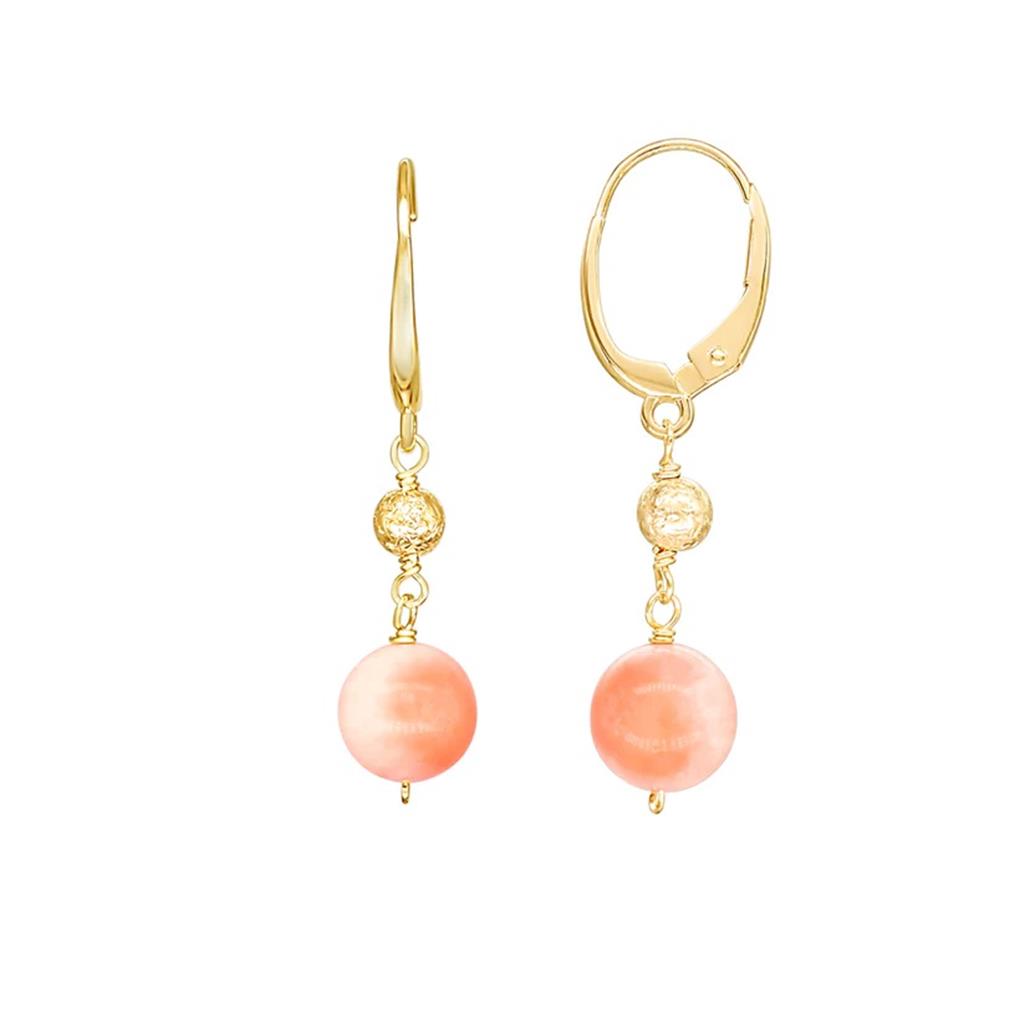 Earrings Precious Metal With Colored Stone Dangle Lever Back 14 Karat Gold Yellow With Coral