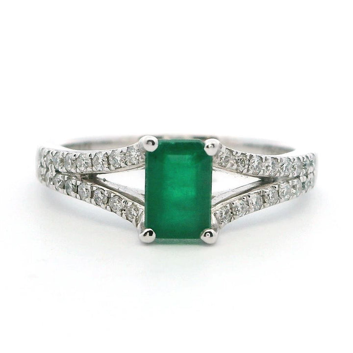 1/2 Carat Solitare Accent Style Engagement Ring White 14 Karat Gold With A Emerald Center Stone And Diamonds Accent Stones