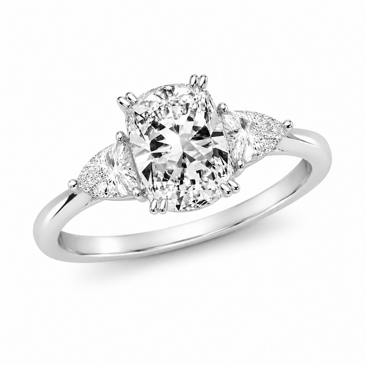 Three Stone Lab Diamond Engagement Ring White 10 Karat Gold With A 1.01 Carat Oval Shape Lab Diamond Center & Trillian Shape Lab Diamonds Side Stones