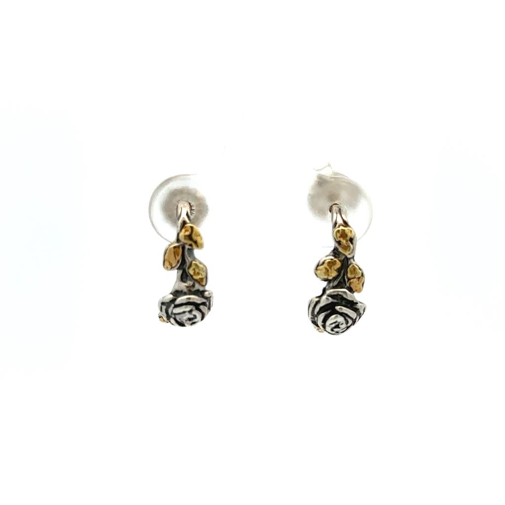 <Flower> Dangle Drop Sterling Silver Earrings Accented with Alaskan Gold Nuggets