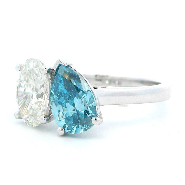 Two Stone Lab Diamond Engagement Ring White 14 Karat Gold With A 1.56 Carat Oval Shape Lab Diamond Center & Pear Shape Lab Diamond Side Stones