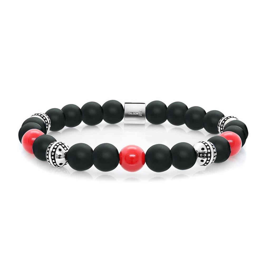 Stretch Style Gemstone Bead Bracelet Stainless Steel with Red - Black Onyx & Silver - Black Stainless Steel 8"