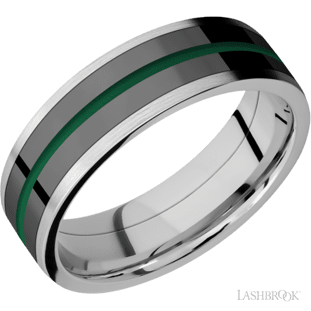 White Cobalt Chrome Alternative Metal Ring 7mm wide Green Color Size 10