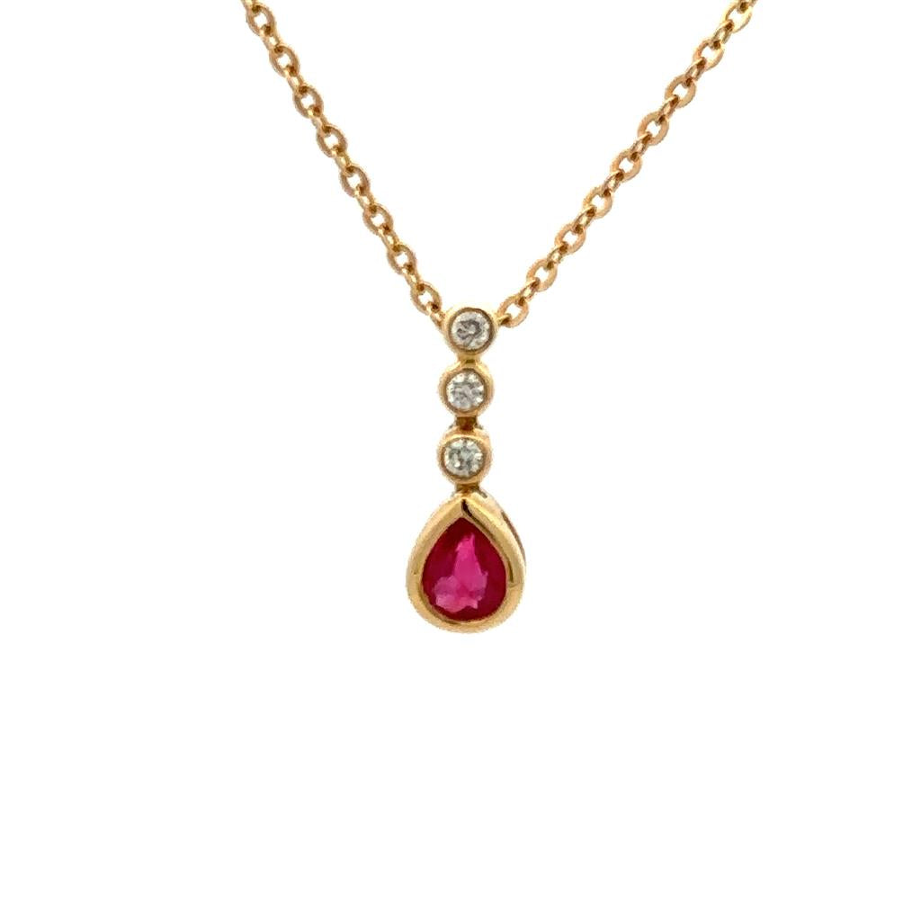 Drop Pendants 14 KT Yellow with Pear Red Ruby & Round Diamonds