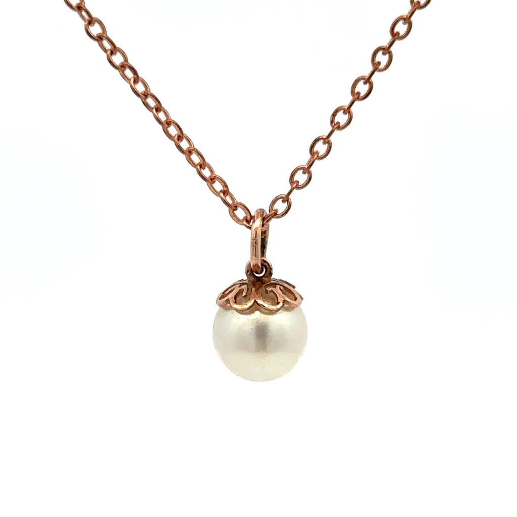 Drop Pearl Pendant 14 KT Rose with Round Silver Fresh Water Pearl