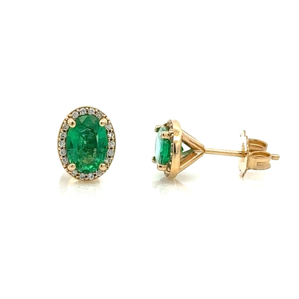 14 Karat Yellow Halo Earrings With 7mm 0.66ctw Oval Emerald With 7mm 1.32 ctw Oval Emeralds