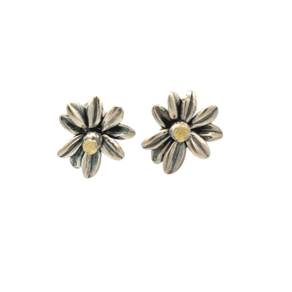 Flower Stud Sterling Silver Earrings Accented with Alaskan Gold Nuggets