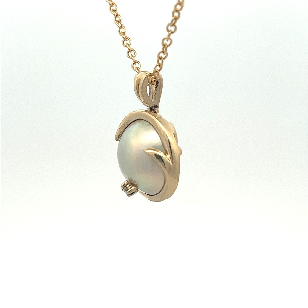 Drop Pearl Pendant 14 Karat Gold Yellow with Button Cream Fresh Water Pearl & Round G Diamond 0.03 ctw