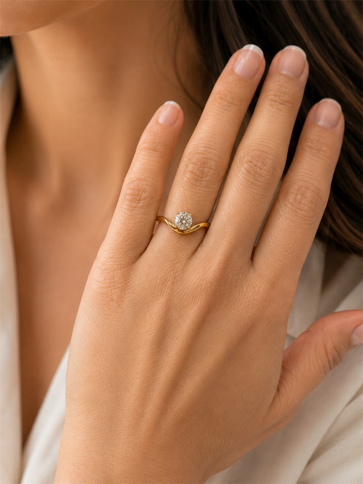 Bypass Engagement Ring Yellow 14 Karat Gold With A 1.00 Carat Round Shape Moissanite Center