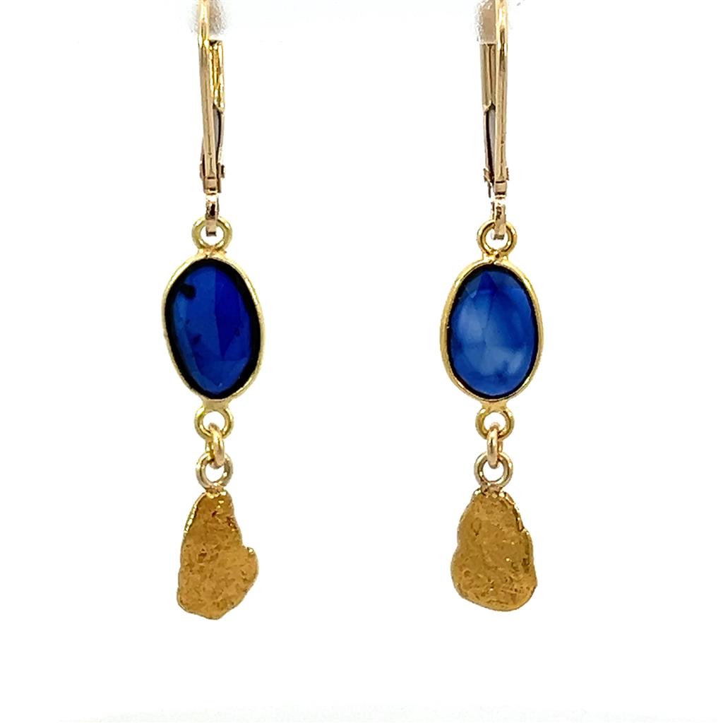 Dangle Drop Earrings made with 14 Karat Gold & Alaskan Gold Nugget Blue Sapphires with Lever Backs