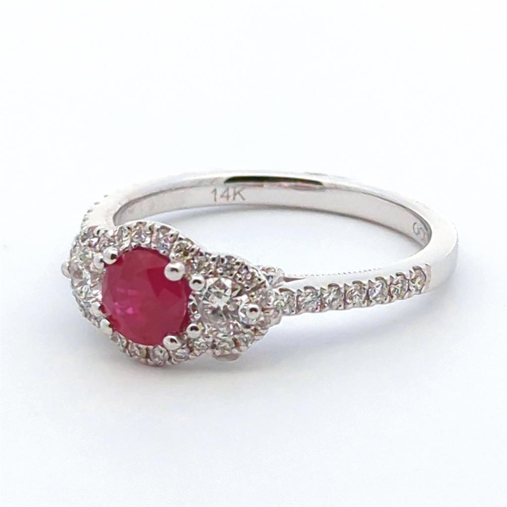 3 Stone Style Colored Stone Ring 14 KT White with Ruby & Diamond Accent size 7