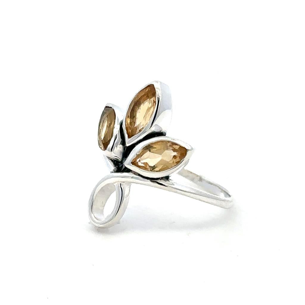 Flower Style Rings Silver with Stones .925 White with Citrines size 7