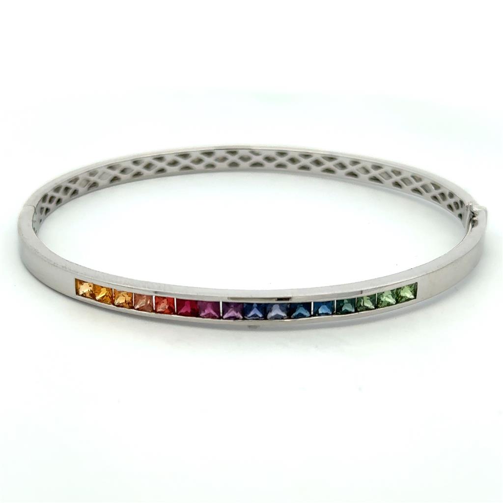 Bangle Style Colored Stone Bracelet .925 White With Sapphires 7" Long