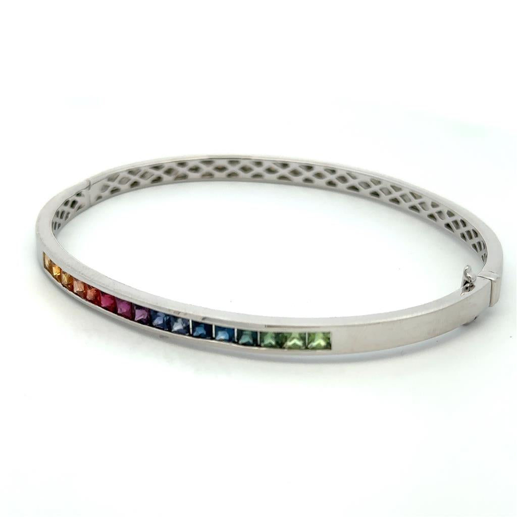 Bangle Style Colored Stone Bracelet .925 White With Sapphires 7" Long