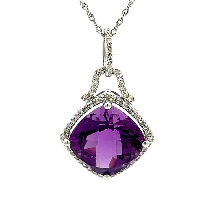 Halo Pendants 14 Karat Gold White with Cushion Amethyst & Round Diamonds