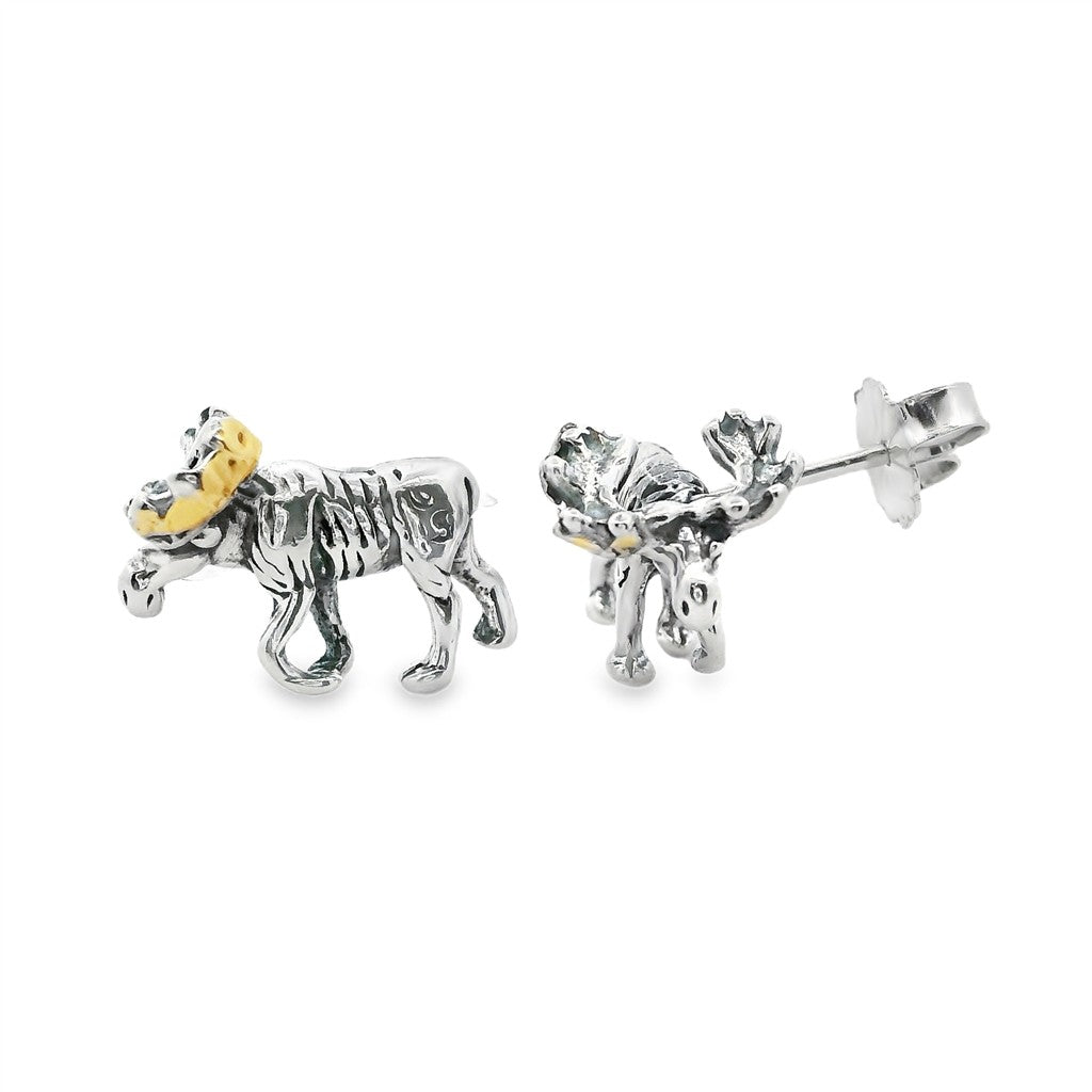 Moose Studs Sterling Silver Earrings Accented with Alaskan Gold Nuggets