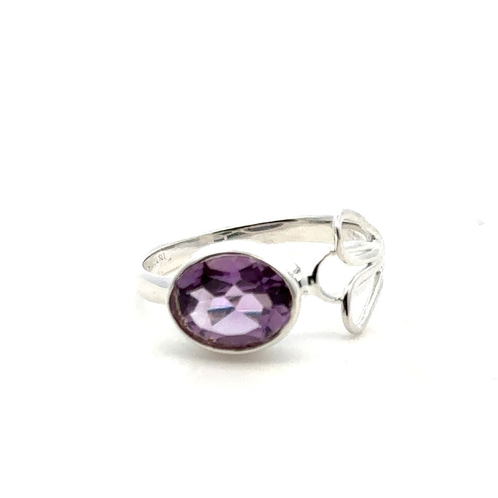 Flower Style Rings Silver with Stones Sterling Silver Silver with Amethyst size 7