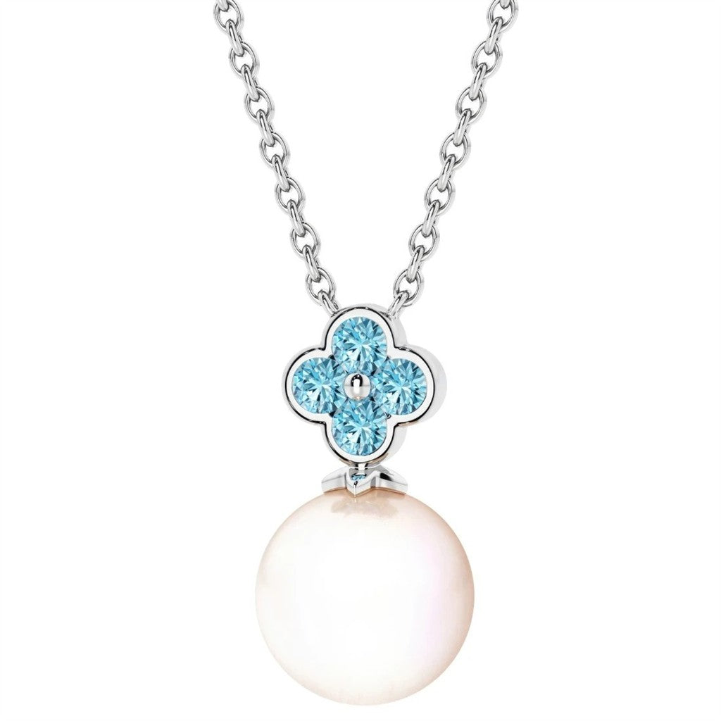 May Birthstone Slider Pearl Pendant Sterling Silver White with Round Fresh Water Pearl & Round Topazes