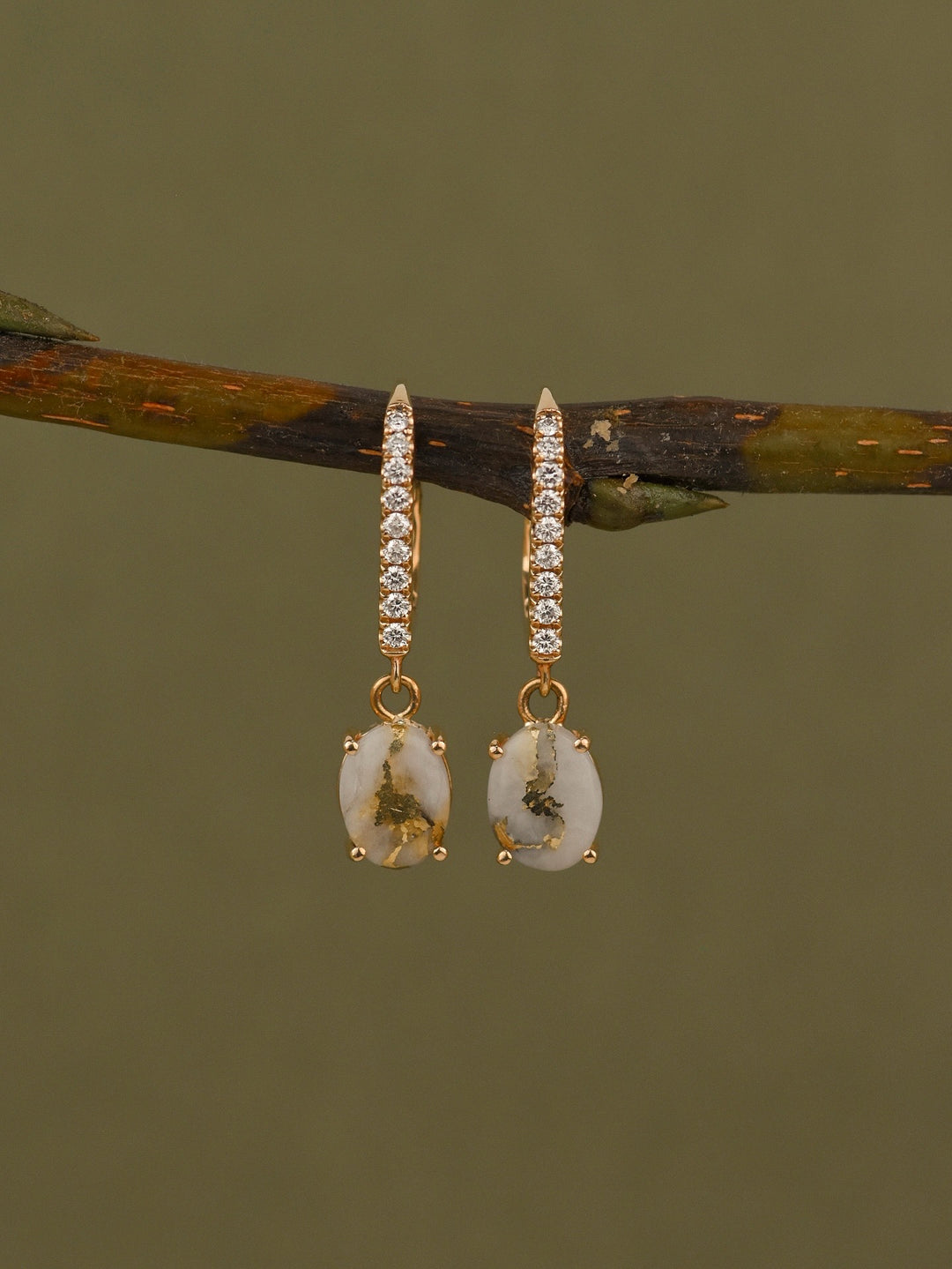 Earrings Precious Metal With Colored Stone Dangle Lever Back 14 Karat Gold Yellow With Lab Grown Glacier Gold Quartz 0.24 ctw & Diamond
