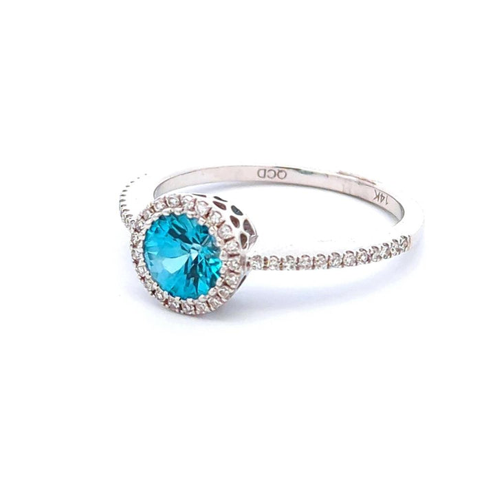 Halo Style Colored Stone Ring 14 KT White with Blue Zircon & Diamond Accent size 7