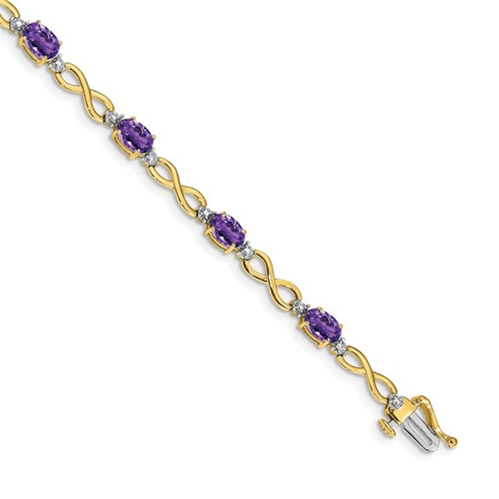 Continual Style Colored Stone Bracelet 10 Karat Gold Yellow With Amethysts & Diamonds Natural 7" Long