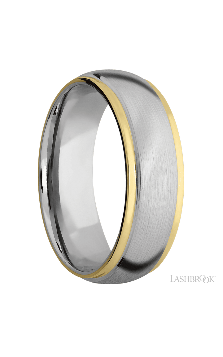 7 mm wide/Domed Stepped Down Edges/14K White Gold band with two 1 mm Edge inlays of 14K Yellow Gold.