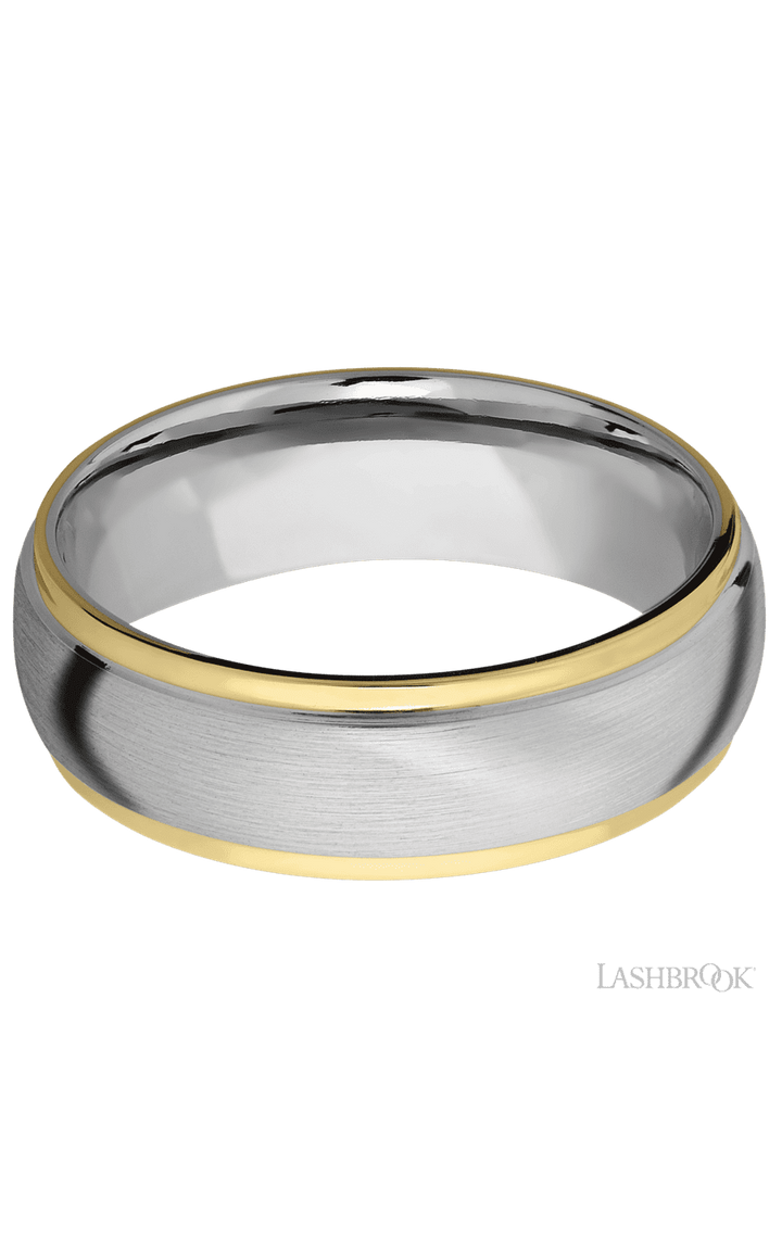 7 mm wide/Domed Stepped Down Edges/14K White Gold band with two 1 mm Edge inlays of 14K Yellow Gold.