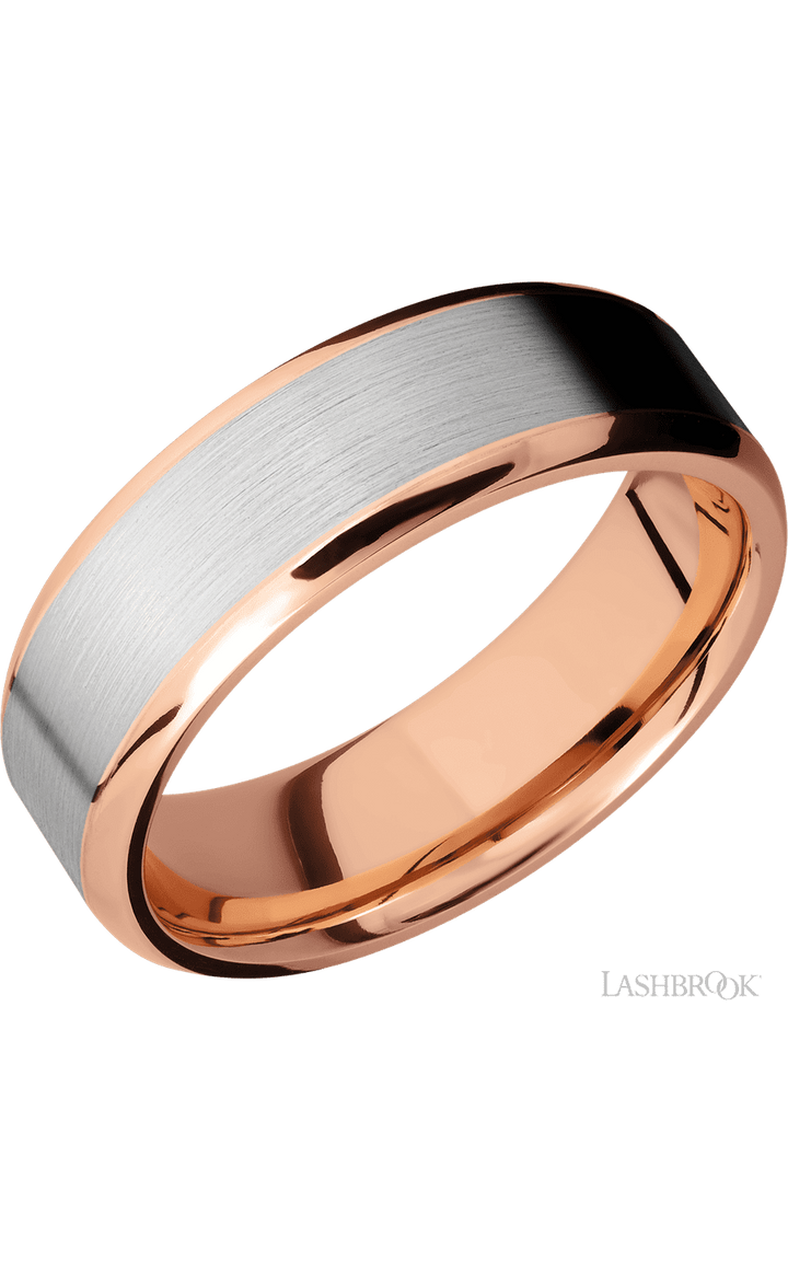 7 mm wide/Beveled/14K Rose Gold band with one 5 mm Centered inlay of 14K White Gold.