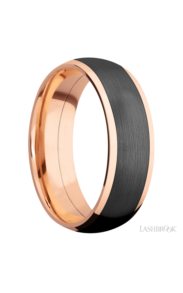 7 mm wide/Domed/14K Rose Gold band with one 5 mm Centered inlay of Zirconium.