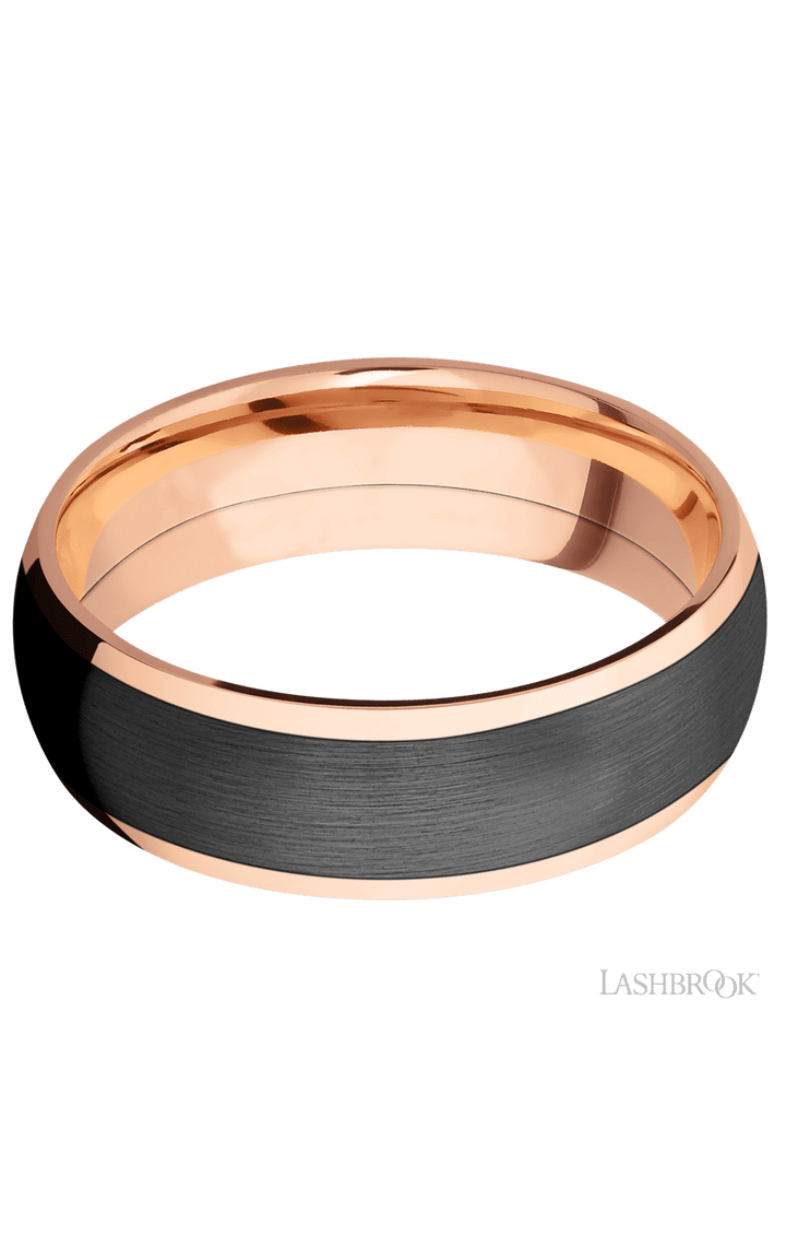 7 mm wide/Domed/14K Rose Gold band with one 5 mm Centered inlay of Zirconium.