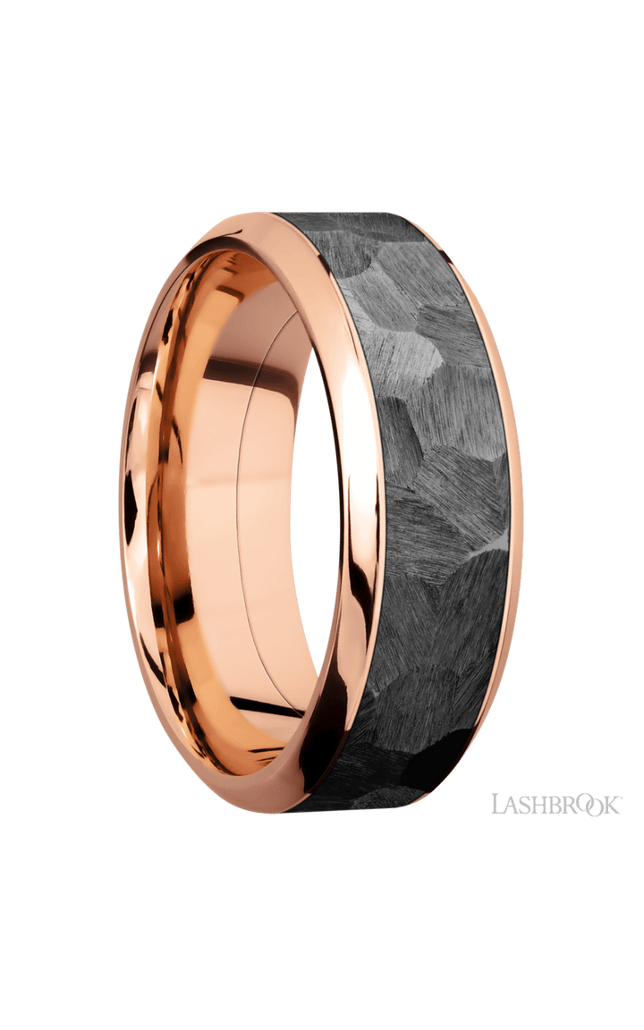 8 mm wide/High Bevel/14K Rose Gold band with one 5 mm Centered inlay of Zirconium.