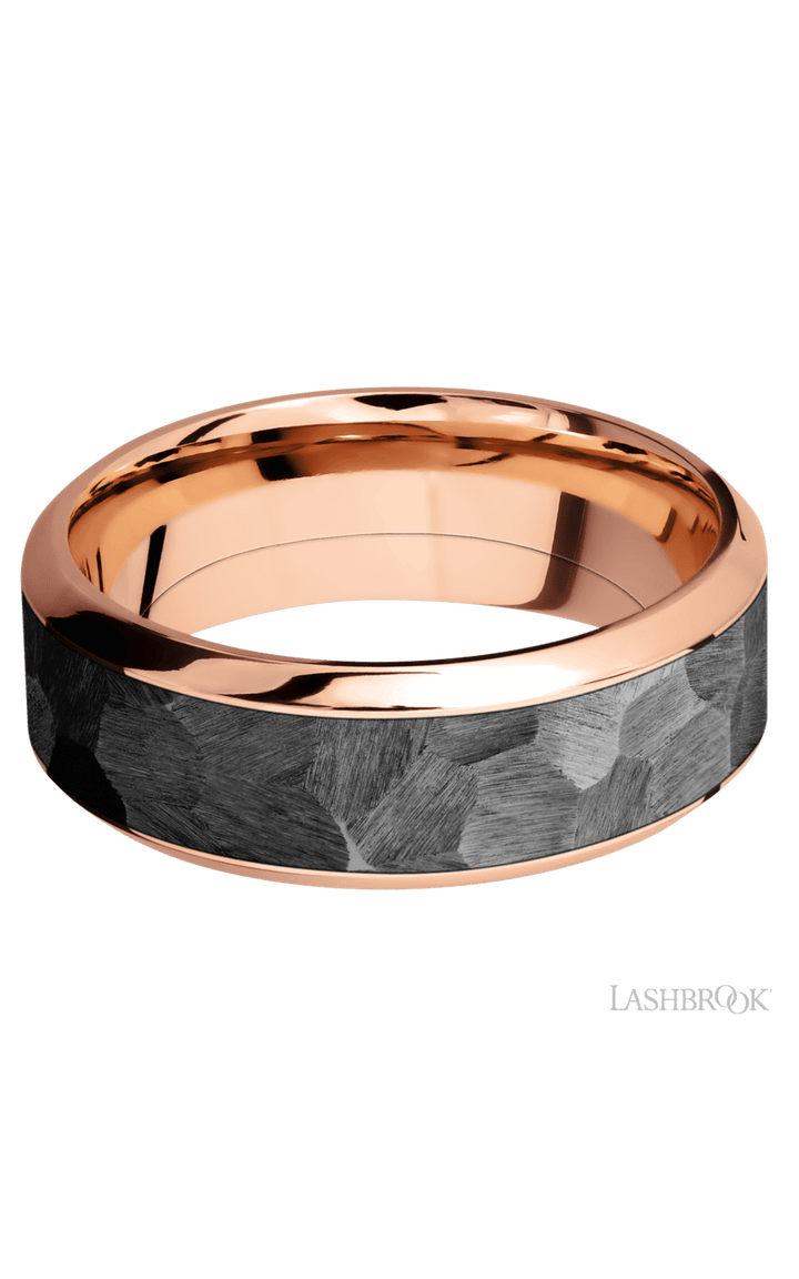 8 mm wide/High Bevel/14K Rose Gold band with one 5 mm Centered inlay of Zirconium.