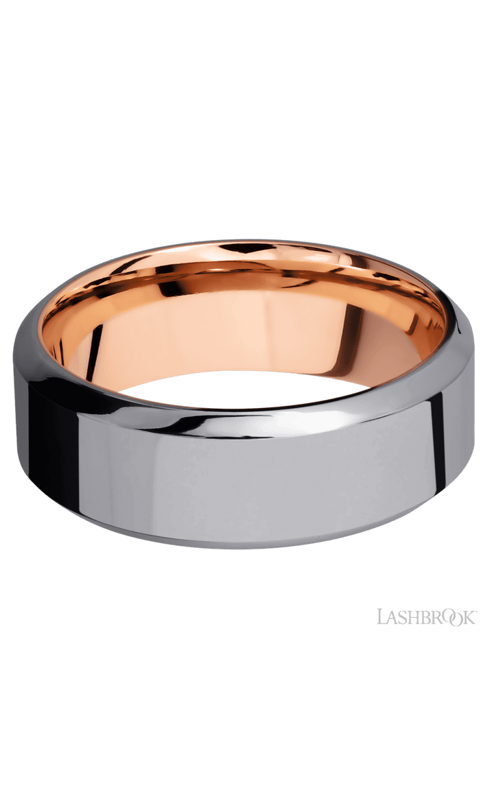 8 mm wide High Bevel Tantalum band featuring a 14K Rose Gold sleeve.