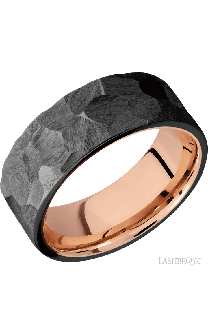 8 mm wide Flat Zirconium band featuring a 14K Rose Gold sleeve.