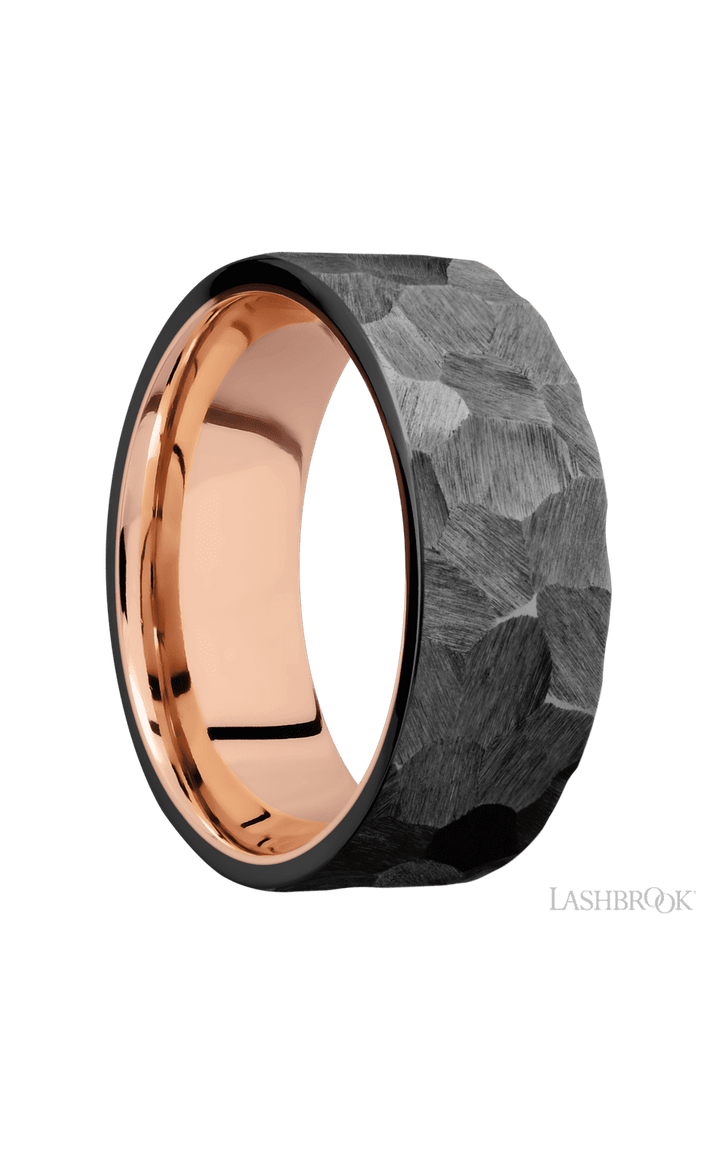 8 mm wide Flat Zirconium band featuring a 14K Rose Gold sleeve.
