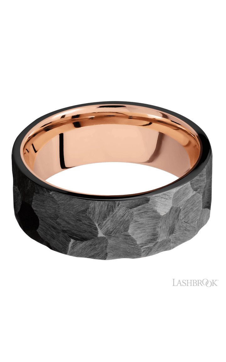 8 mm wide Flat Zirconium band featuring a 14K Rose Gold sleeve.