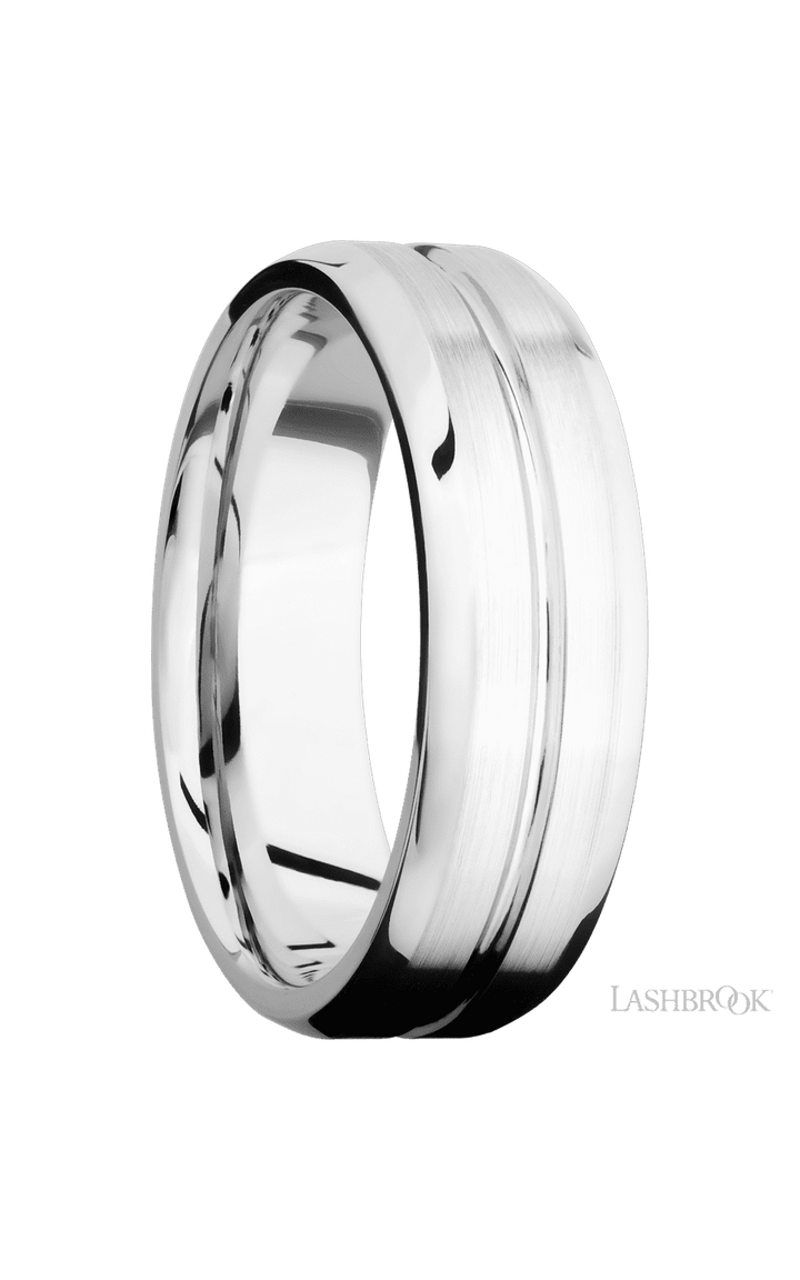 7 mm wide Beveled with Center Accent Groove 14K White Gold band.