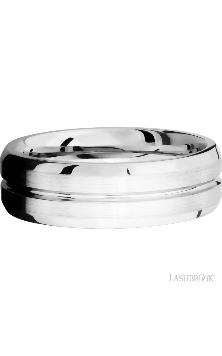 7 mm wide Beveled with Center Accent Groove 14K White Gold band.
