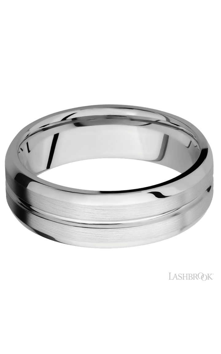 7 mm wide Beveled with Center Accent Groove 14K White Gold band.